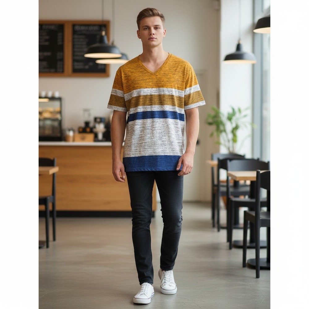 American Rag V-Neck Tee Medium Golden Mustard Striped New Without Tags